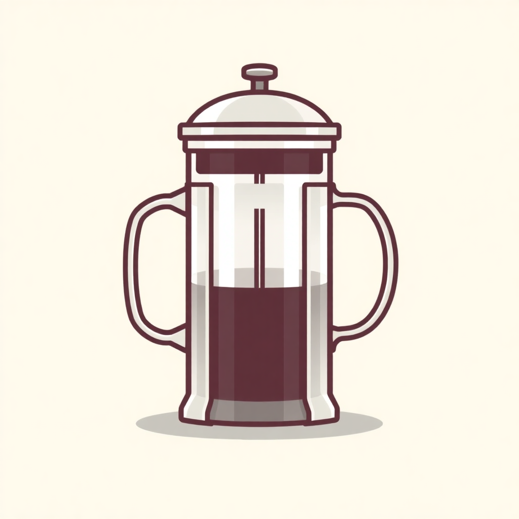 The image is an illustration of a french press coffee maker. It is a glass jar with a lid and two handles on either side. The jar is filled with a dark red liquid, which appears to be freshly brewed coffee. The lid has a handle on top and a spout on the side, and the body of the jar is transparent. The background is a light beige color. The illustration is simple and minimalistic, with no additional details or shading.