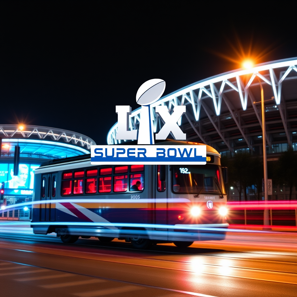 Translated Text: Super Bowl LIX Logo Concepts - Streetcar & Stadium Light Interplay