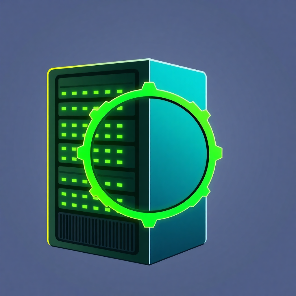 The image is a digital illustration of a server. The server is blue in color and has multiple rows of green lights on the front panel. In the center of the server, there is a green gear-like object that appears to be a magnifying glass. The background is a solid purple color. The overall design is modern and minimalistic.