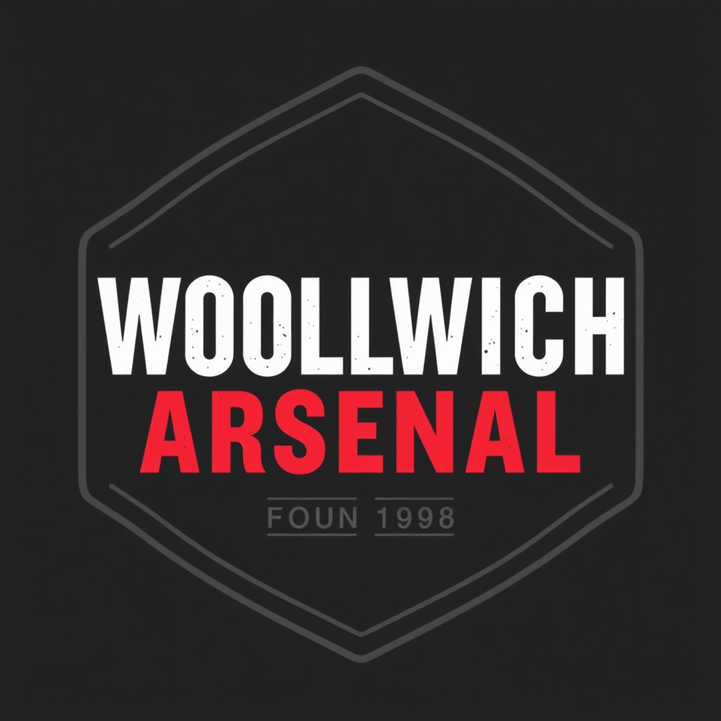 A robust, industrial-style typographic badge using a stencil or slab-serif font for 'WOOLWICH ARSENAL' and the founding year, set within a practical rectangular or lozenge shape.