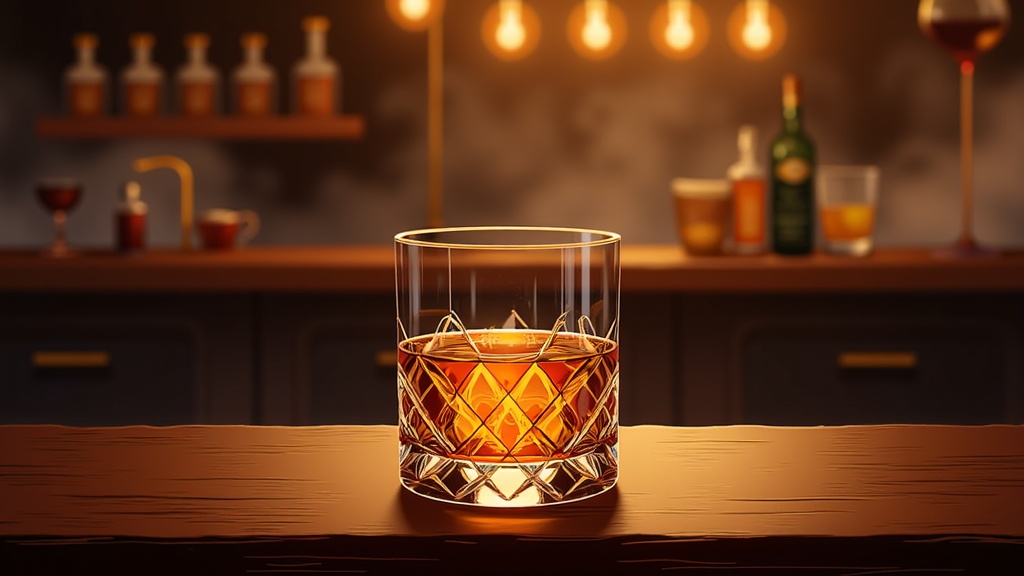  a glass of whiskey on a wooden table in a dimly lit bar. The glass is filled with a golden-colored liquid, which appears to be whiskey, and is placed in the center of the table. The background is blurred, but it seems to be a bar counter with various bottles and glasses of alcohol on it. There are also a few lights hanging from the ceiling, creating a warm and cozy atmosphere. The overall mood of the image is elegant and sophisticated.