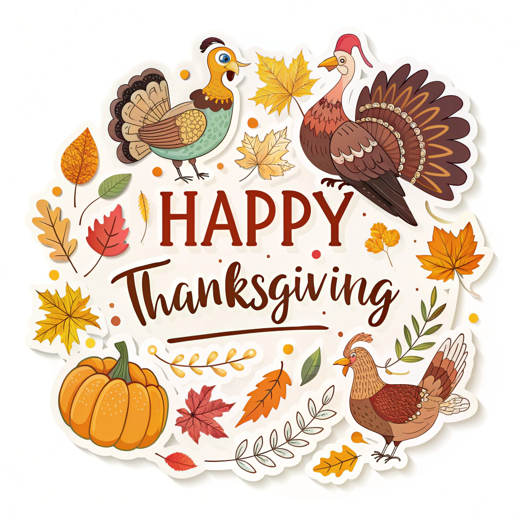 The image shows a happy Thanksgiving card with two turkeys and a pumpkin surrounded by autumn leaves. The card also has text written on it, adding to the festive atmosphere.