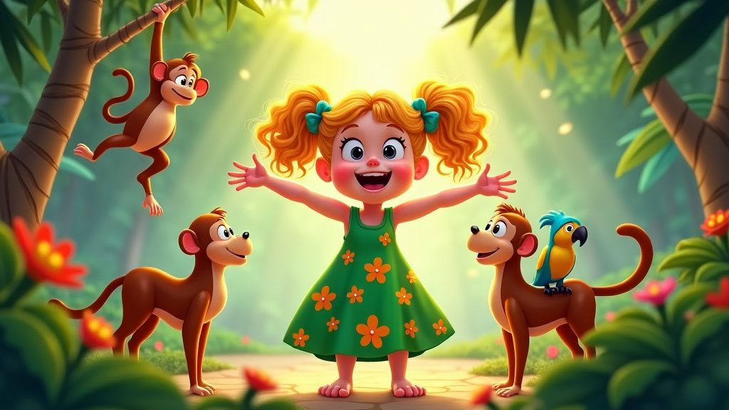 Elly in a jungle setting, surrounded by colorful plants and friendly cartoon animals.