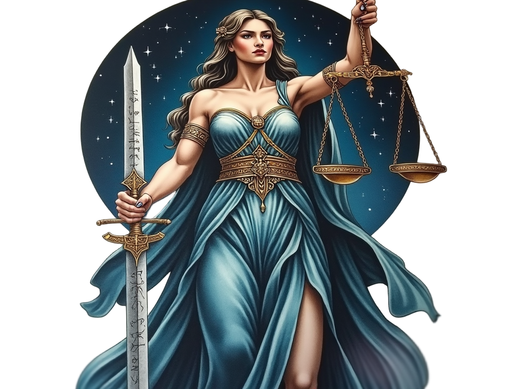 The sword in a Lady Justice tattoo bears ancient runes, giving an aura of mystical wisdom and historical justice.