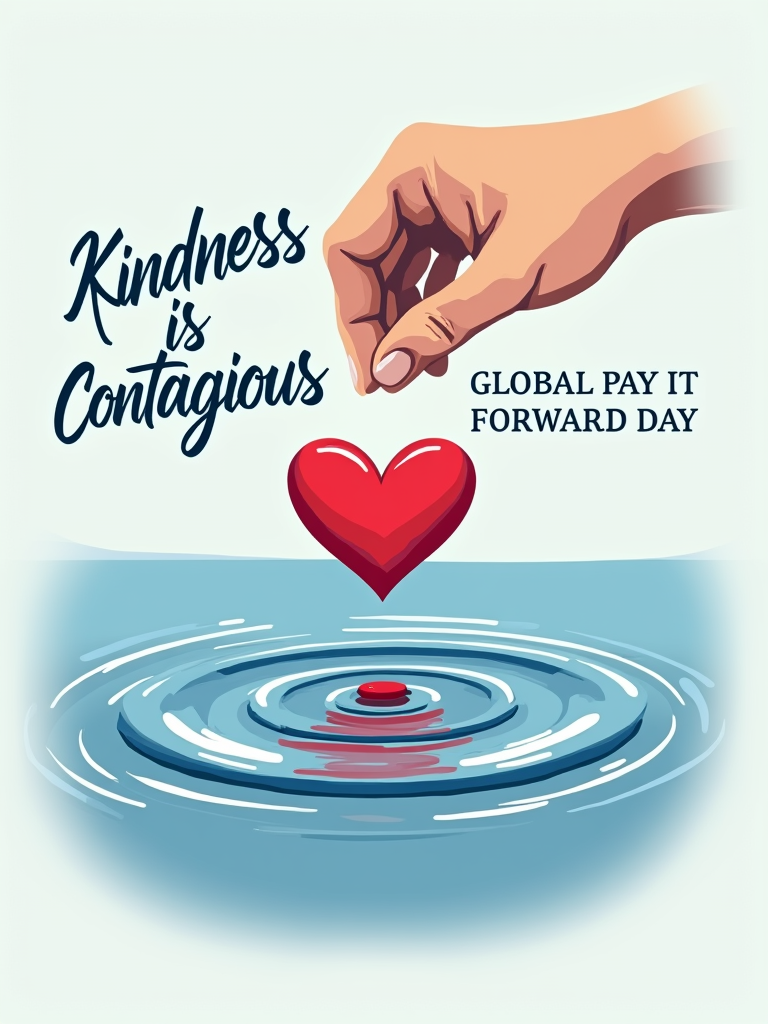 Ripple Effect Design: A central graphic of a hand dropping a heart like a pebble into water, creating expanding ripples across the t-shirt. The text 'Kindness is Contagious' could curve along one of the ripples, with 'Global Pay It Forward Day' placed below.