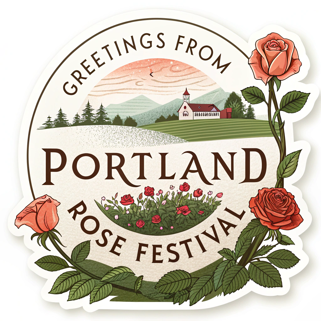 Postcard-style sticker depicting the iconic Rose Garden view, with 'Greetings from Portland Rose Festival' and a faux rose stamp.