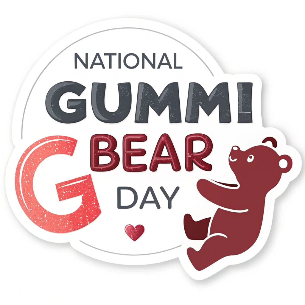 Simple Logo-Type Element Idea for Sticker: The text 'National Gummi Bear Day' where a playful, minimalist gummi bear illustration is cleverly integrated into the typography (e.g., forming part of a letter like 'G' or 'B'), accompanied by a small, iconic heart to denote the 'Day' and the 'Love' theme.