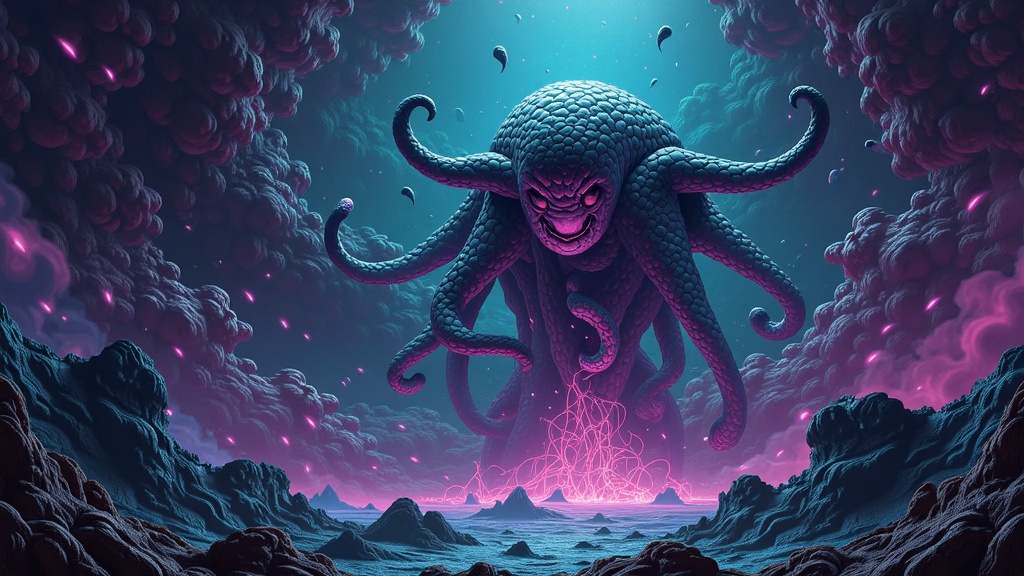 Primordial Emergence: Illustrate the creature's 'birth' or discovery from an alien source (e.g., an abyssal depth, a cracked exoplanet surface, a nebula), showcasing amorphous, pulsating shapes slowly taking a terrifying form, with AI creating truly alien and unpredictable biomorphic structures.