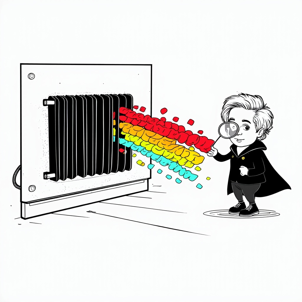 Black-Body Rainbow Jumps: Show a simple 'black box' radiator. From it, illustrate a quantized rainbow – not a smooth gradient, but distinct blocks or steps of color (red, orange, yellow, etc.) jumping out. Each color block represents a specific energy burst. A character representing Max Planck could be observing this with a magnifying glass.