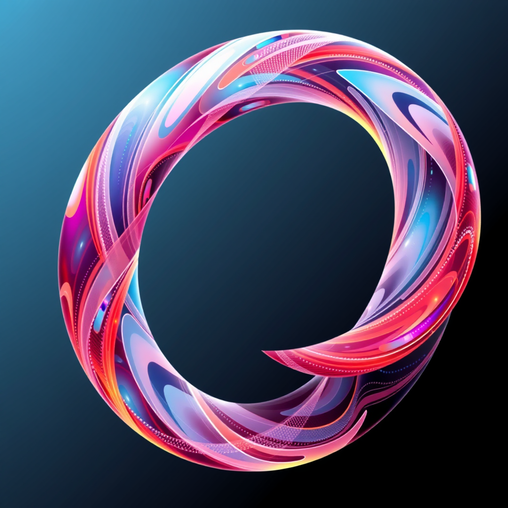 Möbius Strip with Abstract Art: A stylized Möbius strip where its single surface features dynamically morphing, abstract generative art patterns, possibly composed of flowing micro-textures or pixel animations, emphasizing continuous creation.