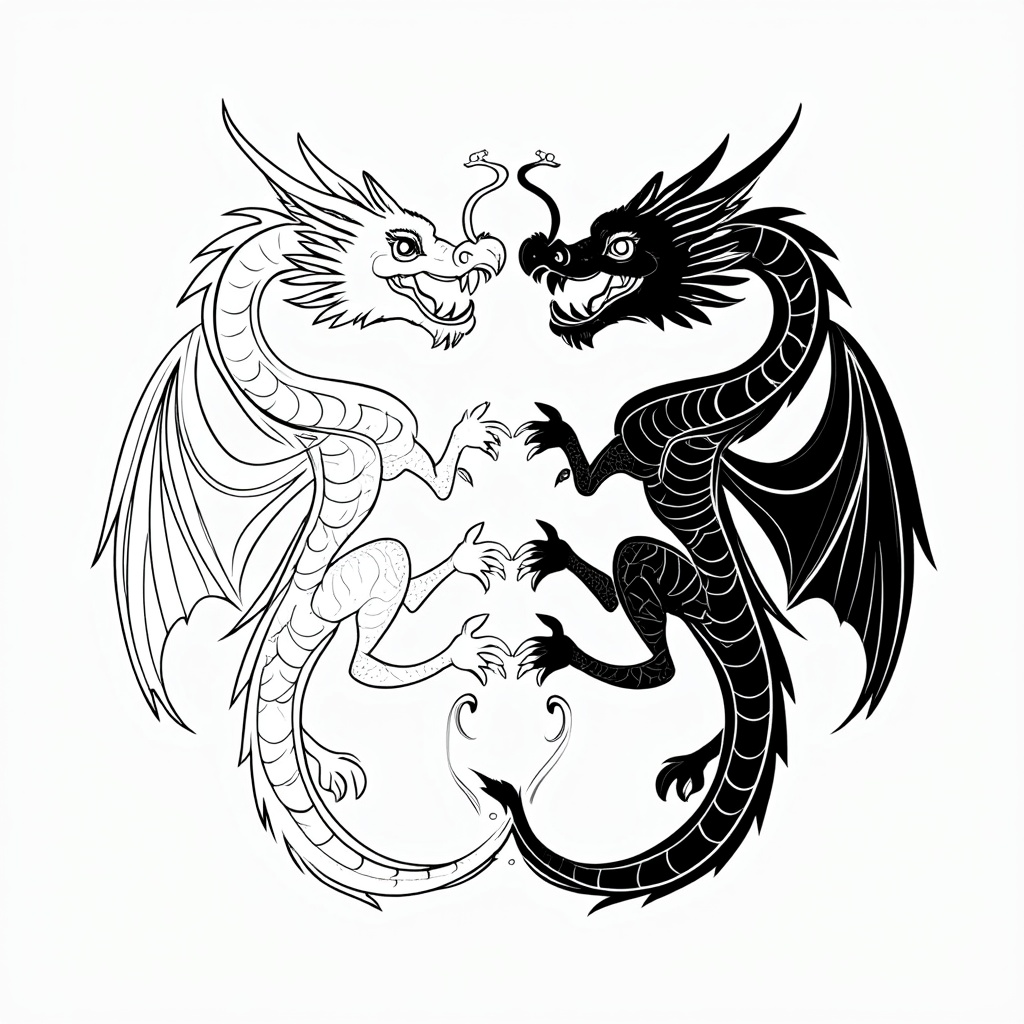 A timeless depiction of two dragons in a yin-yang formation, intricately entwined yet distinct in their attributes. One dragon is light, with soft, feathery wings, the other dark, with sleek, smooth scales. Harmonious and balanced, their presence speaks to the duality of nature.