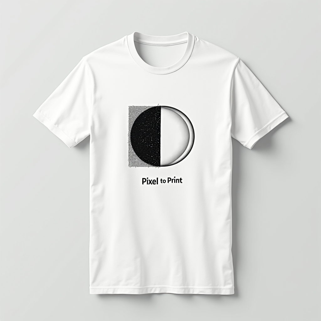 A logo-style design for a T-shirt: a minimalist representation of a pixelated square on one side seamlessly transforming into a perfectly smooth, printed circle on the other, bisected by a subtle line. The text 'Pixel to Print' is positioned cleanly below, symbolizing AI-driven transformation.