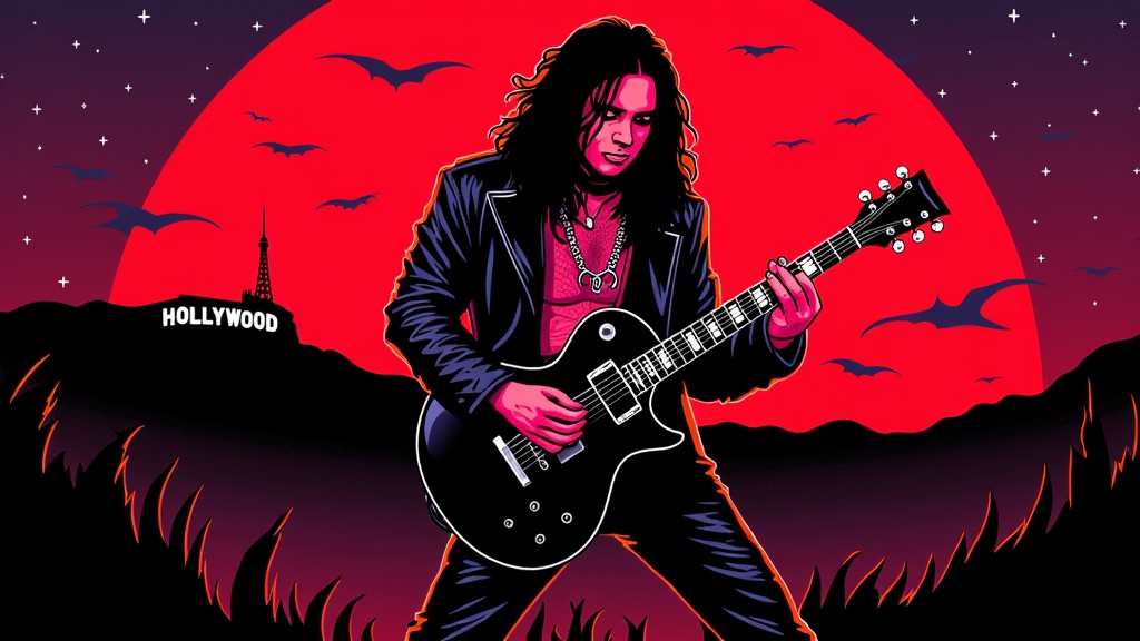 A stylized, high-contrast silhouette of Post Malone striking a classic glam rock pose with his guitar, infused with vampiric elements (e.g., pointed collar, subtle fang outline), against a backdrop of a blood-red moon and a stylized, crumbling Hollywood.