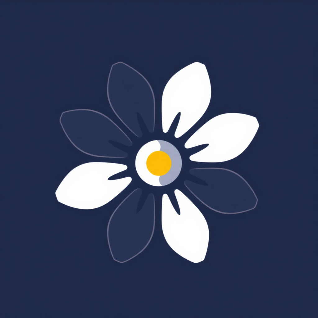 Simple Icon Idea: A minimalist icon of a daisy head, integrating sharp geometric edges on some petals and soft curves on others, with a glowing central point.
