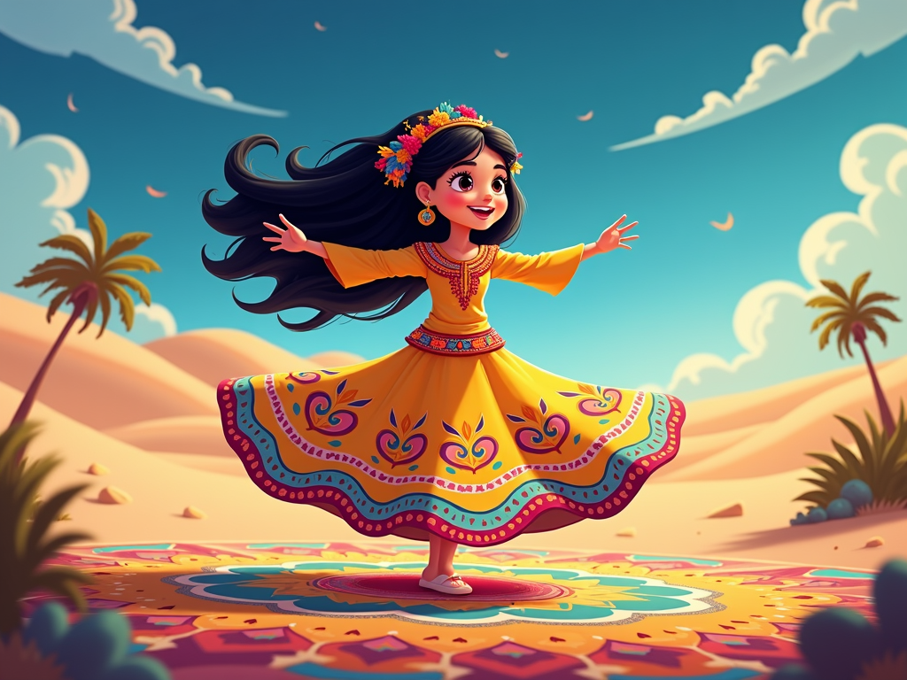 The animation could be inspired by traditional Qatari art styles, with vibrant colors and geometric patterns.