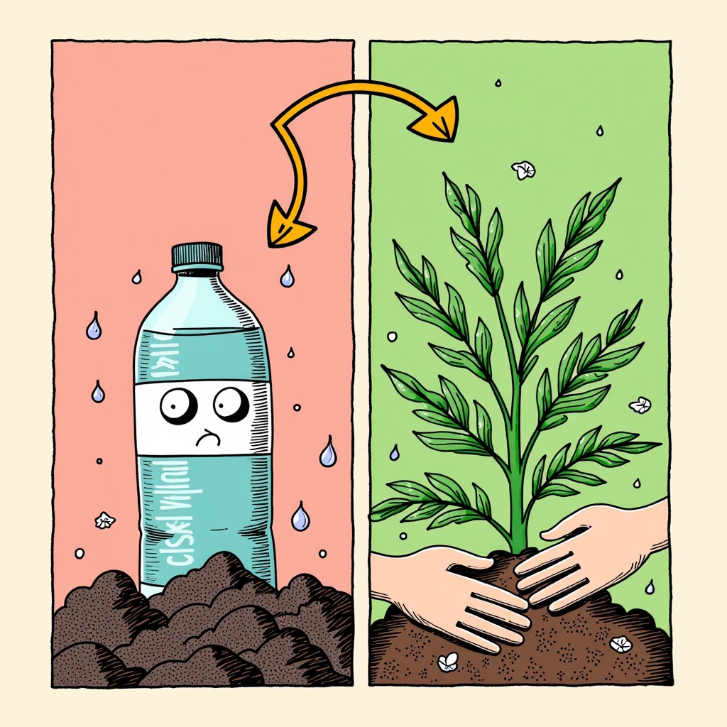 A diptych illustration contrasting the linear, polluting lifecycle of a plastic item (e.g., bottle) from oil extraction to landfill/ocean, with the circular, regenerative lifecycle of a biodegradable alternative (e.g., plant-based packaging) from growth to compost returning nutrients to the soil.