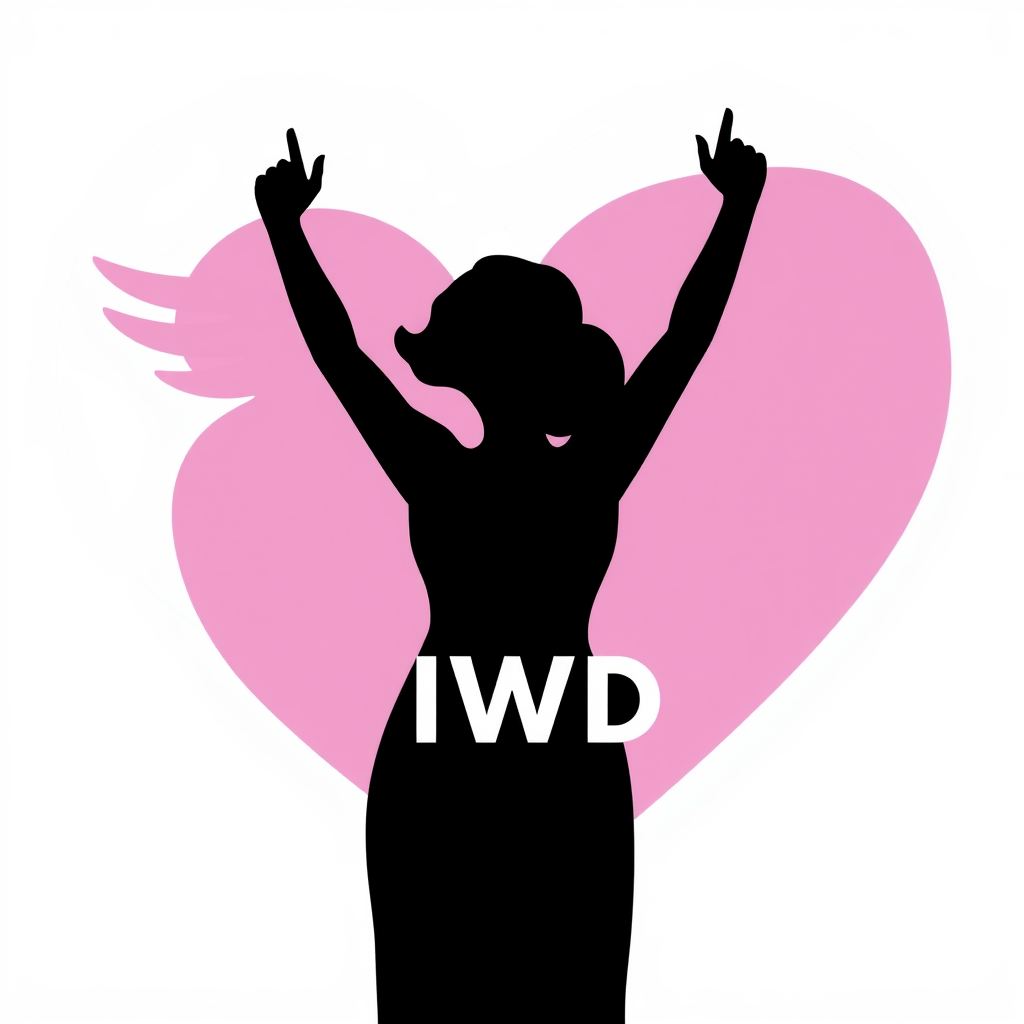 A female silhouette with arms raised in victory, the background forming the shape of a heart, and the text 'IWD' incorporated.