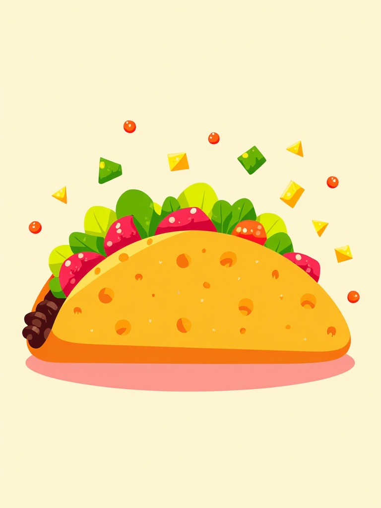 The image is an illustration of a taco. The taco is orange in color and has a round shape. It is filled with various ingredients such as lettuce, tomatoes, and cheese. There are also small red and green triangles scattered around the taco, adding a pop of color to the image. The background is a light beige color.