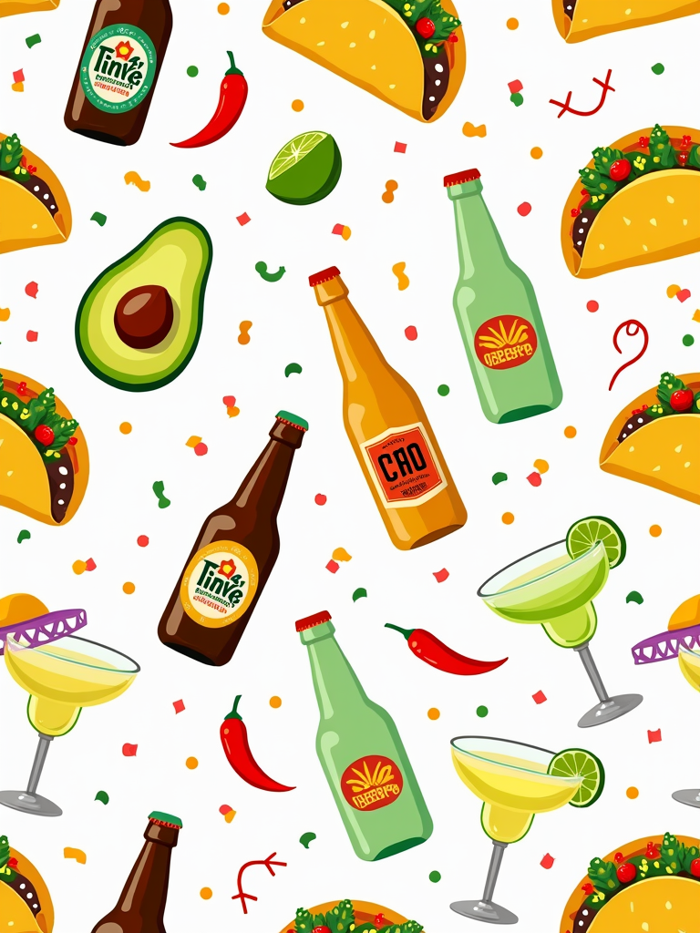 Sub-design idea 4: An all-over or clustered pattern design featuring mini illustrations of festive fiesta food and drink elements like tacos, avocados, lime wedges, Cerveza bottles, and margarita glasses, interspersed with small chili peppers and festive confetti.