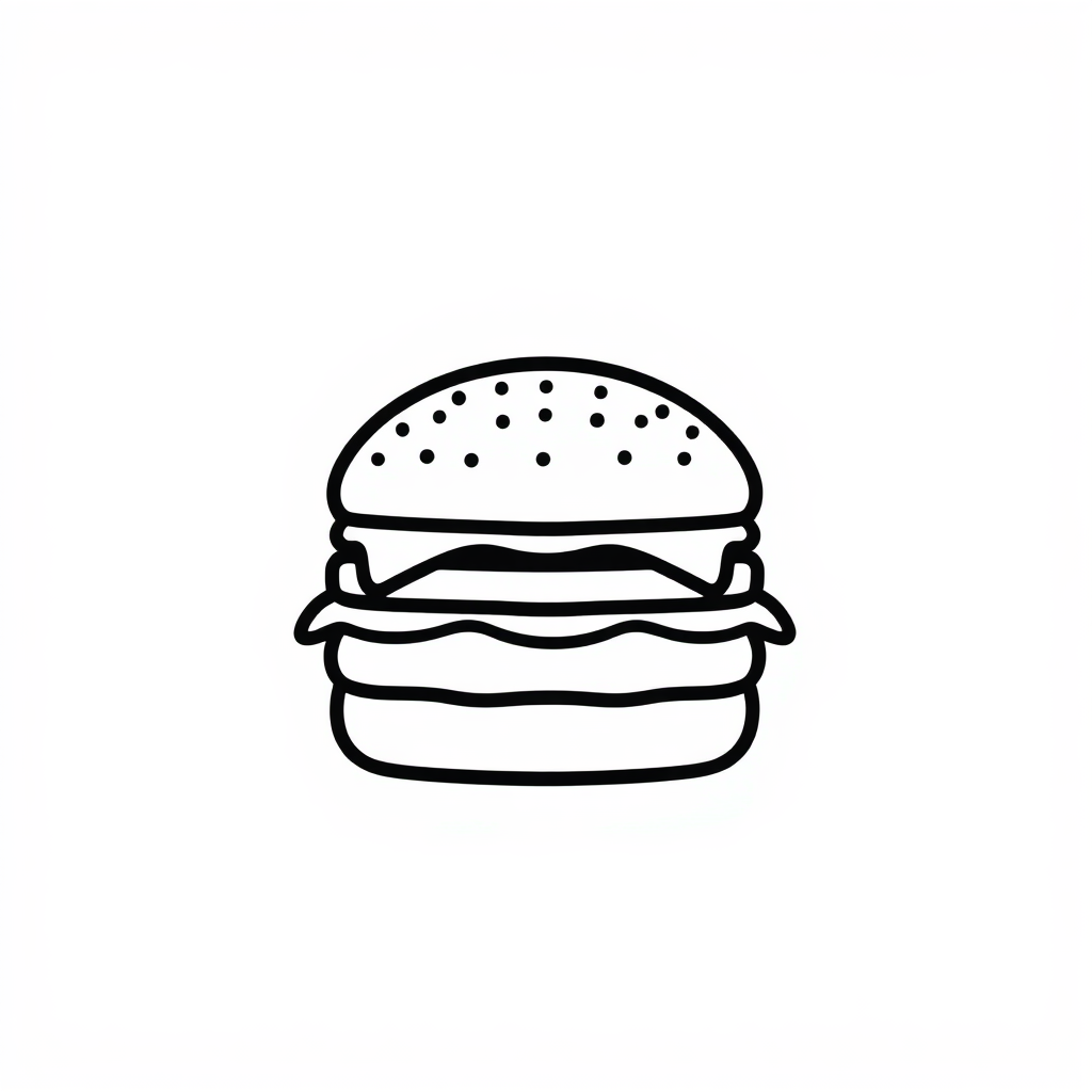 A simple and clean line art logo of a hamburger, possibly with only the essential features outlined. This logo is designed to be versatile and suitable for different backgrounds and sizes. The line thickness should give a feeling of vintage printing techniques.