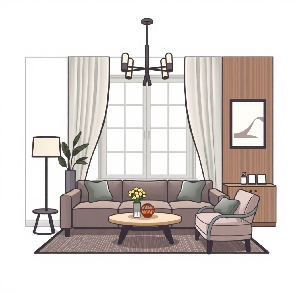 The image is an illustration of a living room with a large window in the center. The window has white curtains and a wooden panel on the right side. Above the window, there is a black chandelier with six lights hanging from the ceiling. On the left side of the room, there are two armchairs with green cushions and a small side table with a lamp and a potted plant. In front of the armchairs is a round wooden coffee table with two vases of yellow flowers on top. The floor is covered with a gray area rug. The overall style of the living room is modern and minimalistic.