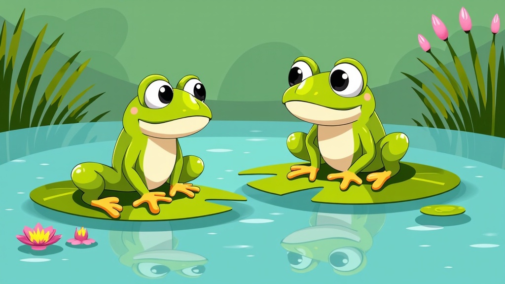  two green frogs sitting on a lily pad in a pond. The frogs are facing each other and appear to be happy. They are sitting on the lily pads with their legs stretched out in front of them. The pond is surrounded by tall grass and pink water lilies. The background is a light blue color and there are a few pink flowers floating on the surface of the water. The overall mood of the image is peaceful and serene.