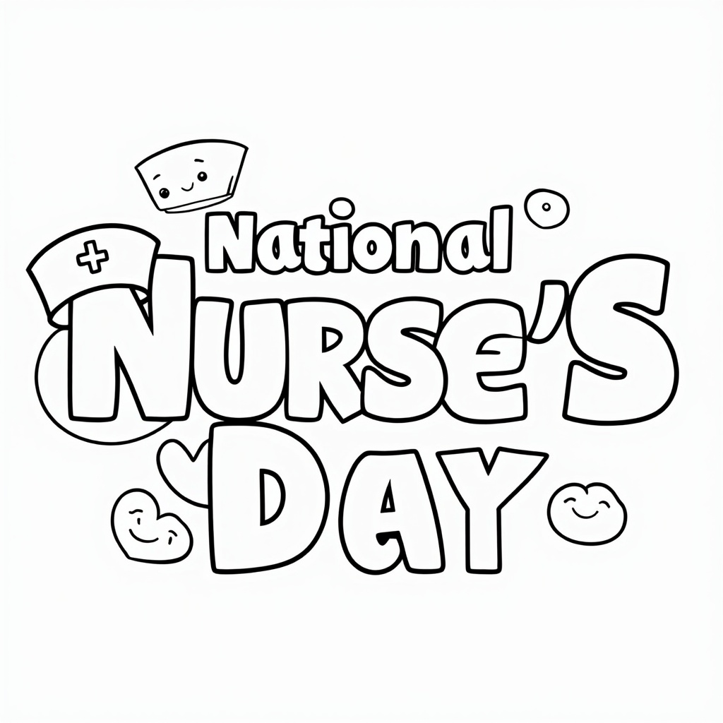 Simple logo idea for a title page or cover element: The words 'National Nurse's Day' in a friendly, bold, colorable font. A cartoon nurse's cap could be perched on one of the letters, and a stethoscope gently loops around a word, ending in a small, smiling heart symbol.