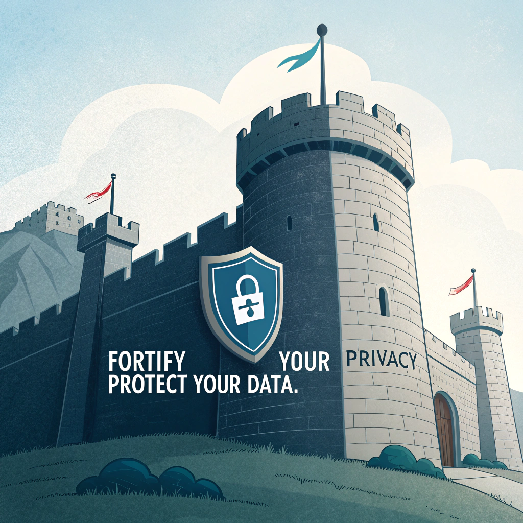 Data Fortress Sticker: A simple, strong illustration of a minimalist fortress or castle with a data symbol (e.g., < / > or binary code 0101) at its core, protected by its walls. Text: 'Fortify Your Privacy. Protect Your Data.' Color palette: Stone grays, deep blues, with white or bright text.