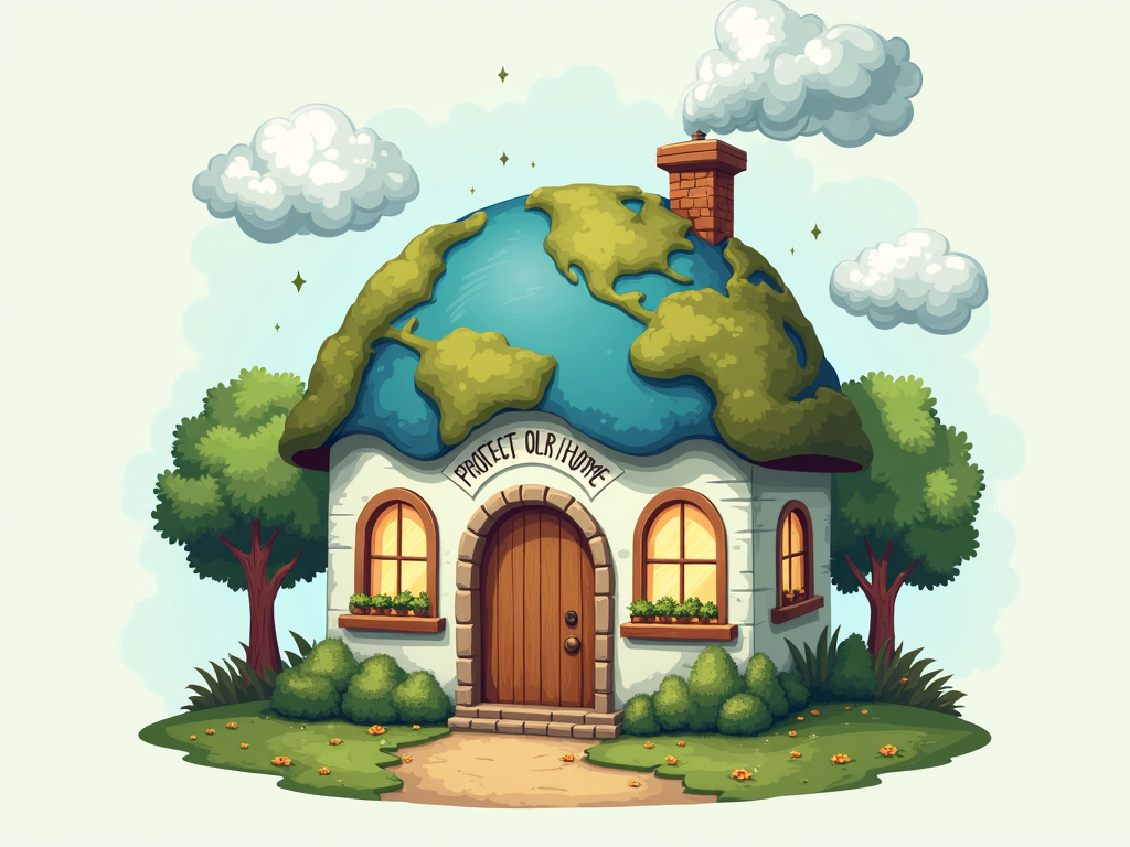 Illustrate Earth as a literal, cozy home (e.g., with a welcoming door, windows, and perhaps a chimney emitting clean clouds) with the slogan 'Protect Our Home' integrated, emphasizing our planet as a shared, nurturing_dwelling.