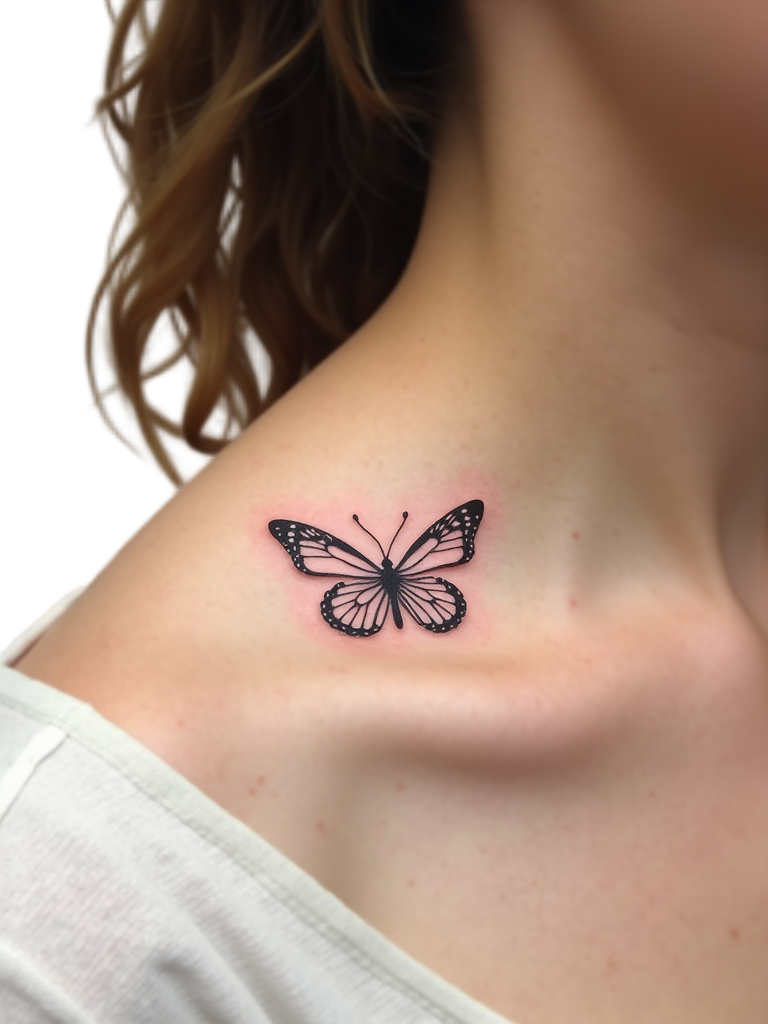 Fine line butterfly tattoo with minimalist design on collarbone, using simple lines to convey elegance and new beginnings.