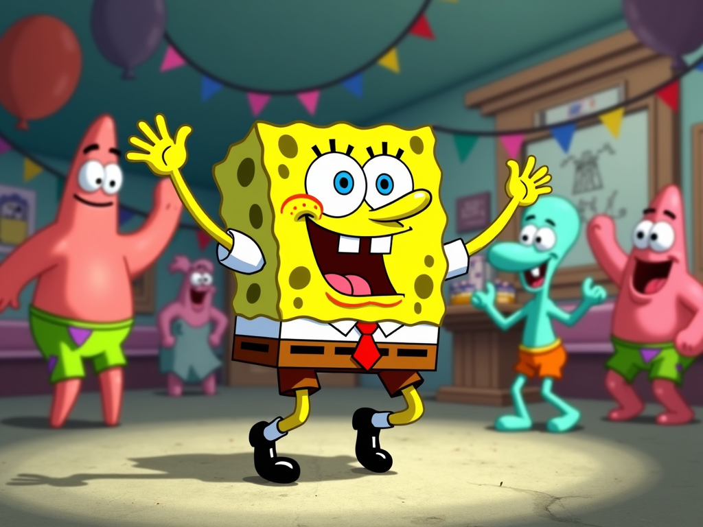 SpongeBob dancing gleefully during a conga line at a Krusty Krab event, with friends and customers joining in.