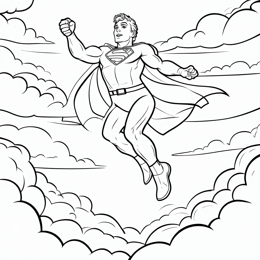 Classic Superhero Pose: A superhero soaring upwards with one fist extended, cape flowing, surrounded by simple, bold outlines of fluffy clouds. Designed for easy coloring.