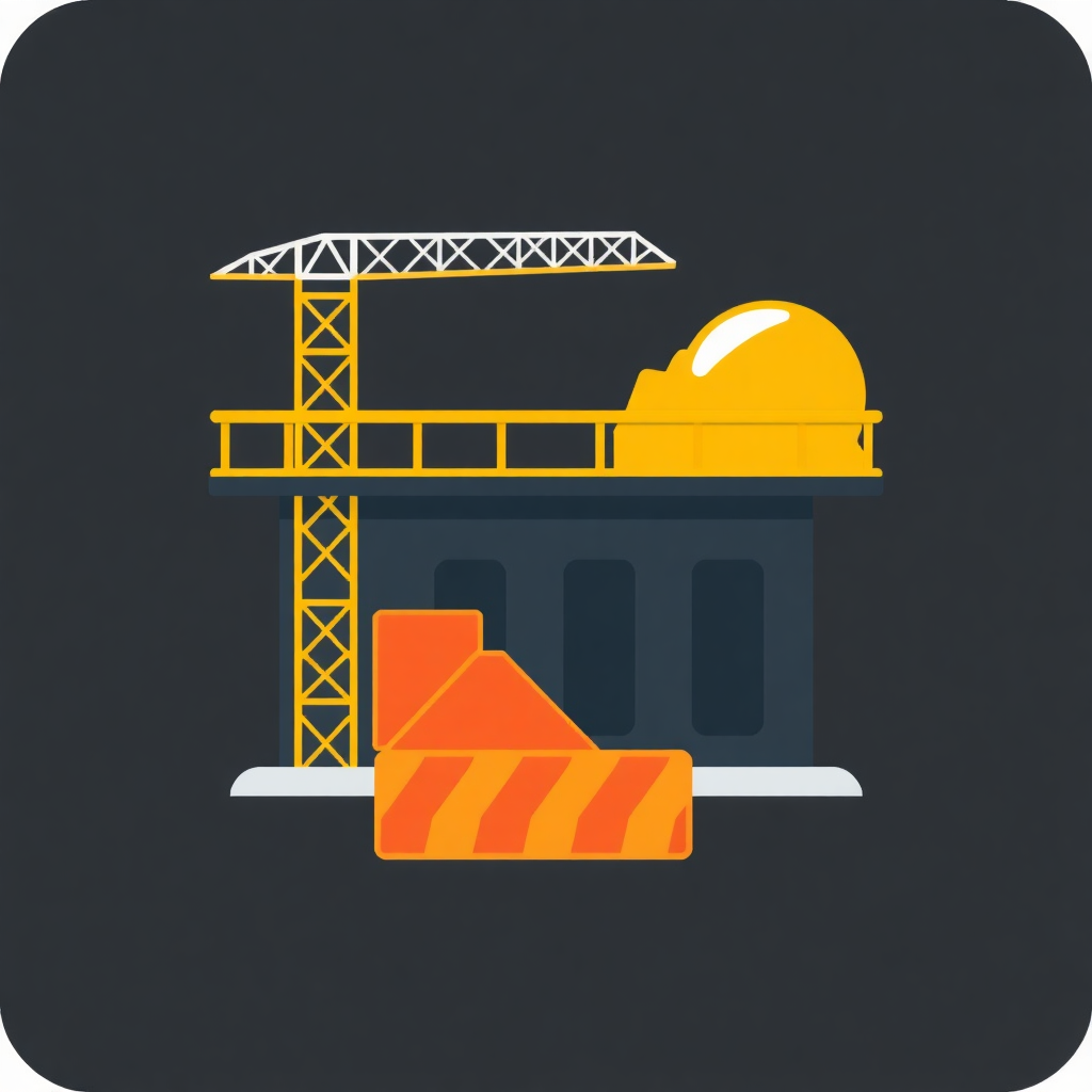 The image is an illustration of a construction site with a yellow tower crane and a yellow hard hat. The tower crane is on the left side of the image and the hard hat is on top of it. On the right side, there is a building under construction with a pile of orange and white striped barriers. The background is black. The image is in a square shape with a white border.