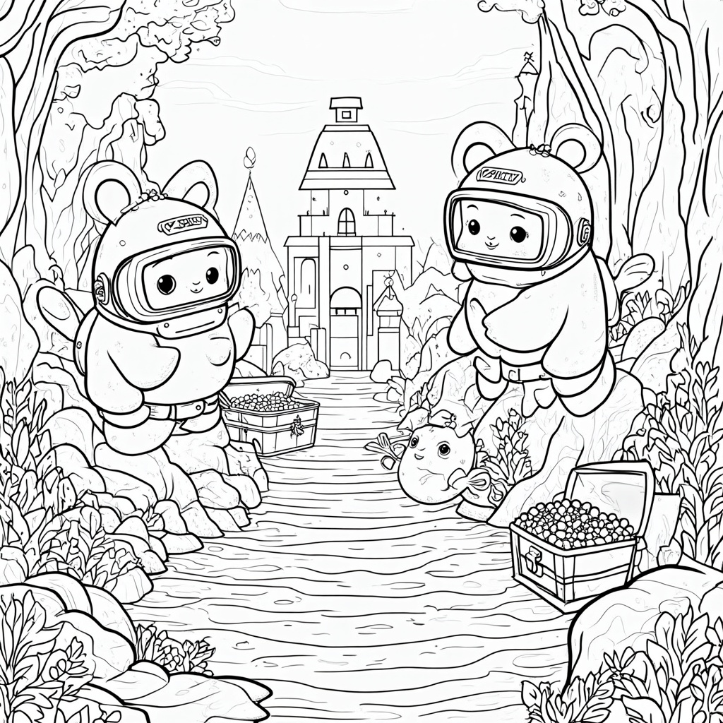 An Underwater Gummy Atlantis where gummy bears, wearing candy diving helmets, explore a lost city made of shimmering rock candy and sea glass, interacting with friendly gummy fish and discovering sunken treasure chests filled with golden gumballs.