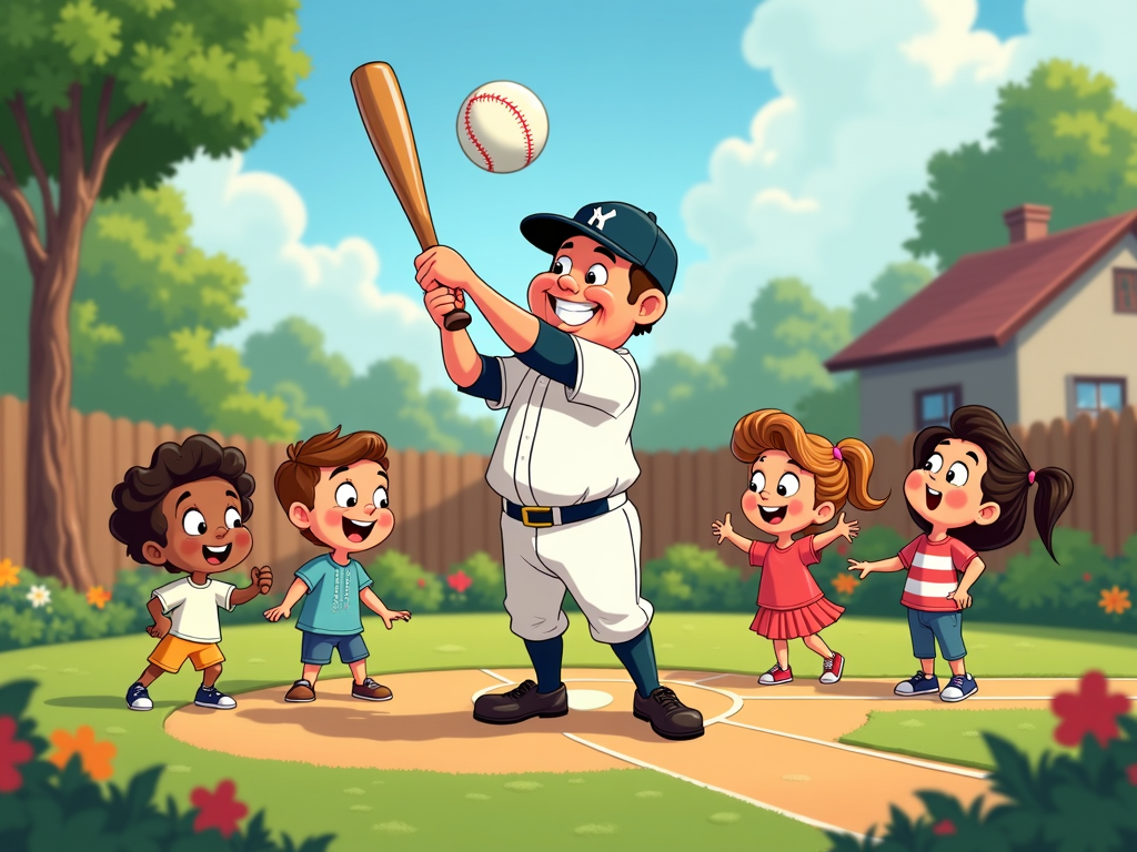 Cartoon Babe Ruth is depicted hitting a towering 'fun' fly ball in a friendly backyard game, with several kids looking up in amazement and joy. The ball could have a whimsical trail, and the overall style is soft and playful, emphasizing fun over competition.