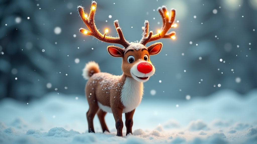 A classic red-nosed reindeer with festive antlers wrapped in twinkling lights, standing cheerfully in a snowy landscape. With a playful expression, the reindeer’s nose glows bright against the white horizon. Snow gently falls around, creating an enchanting scene reminiscent of holiday stories and winter wonderlands.