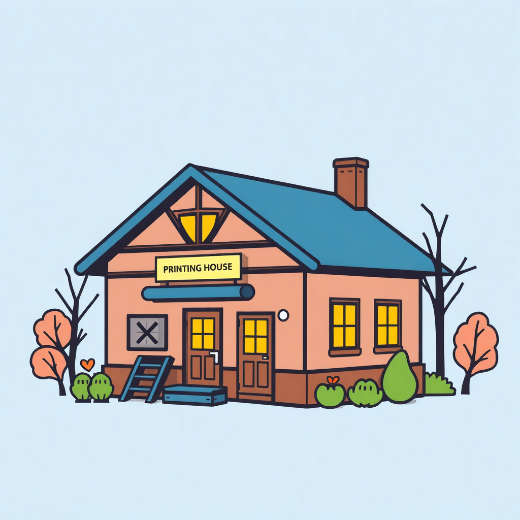 The image is an illustration of a small house with a blue roof and a chimney. The house is painted in a light pink color with a yellow sign that reads Printing House. There are two windows on the front of the house, one on each side, and a door on the right side. There is a small porch with a bench and a table in front of it. On the left side, there are two trees with orange leaves. The background is light blue. The overall style of the illustration is simple and cartoon-like.