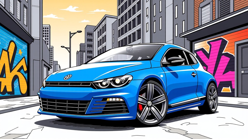 The image is a digital illustration of a blue Volkswagen Golf GTI car parked on a street in a city. The car is facing towards the left side of the image and is positioned in the center of the frame. It has a sleek and modern design with a large front grille and black alloy wheels. The background shows a cityscape with tall buildings and colorful graffiti on the walls. The sky is orange and there are a few clouds in the sky. The overall color scheme of the illustration is bright and vibrant.