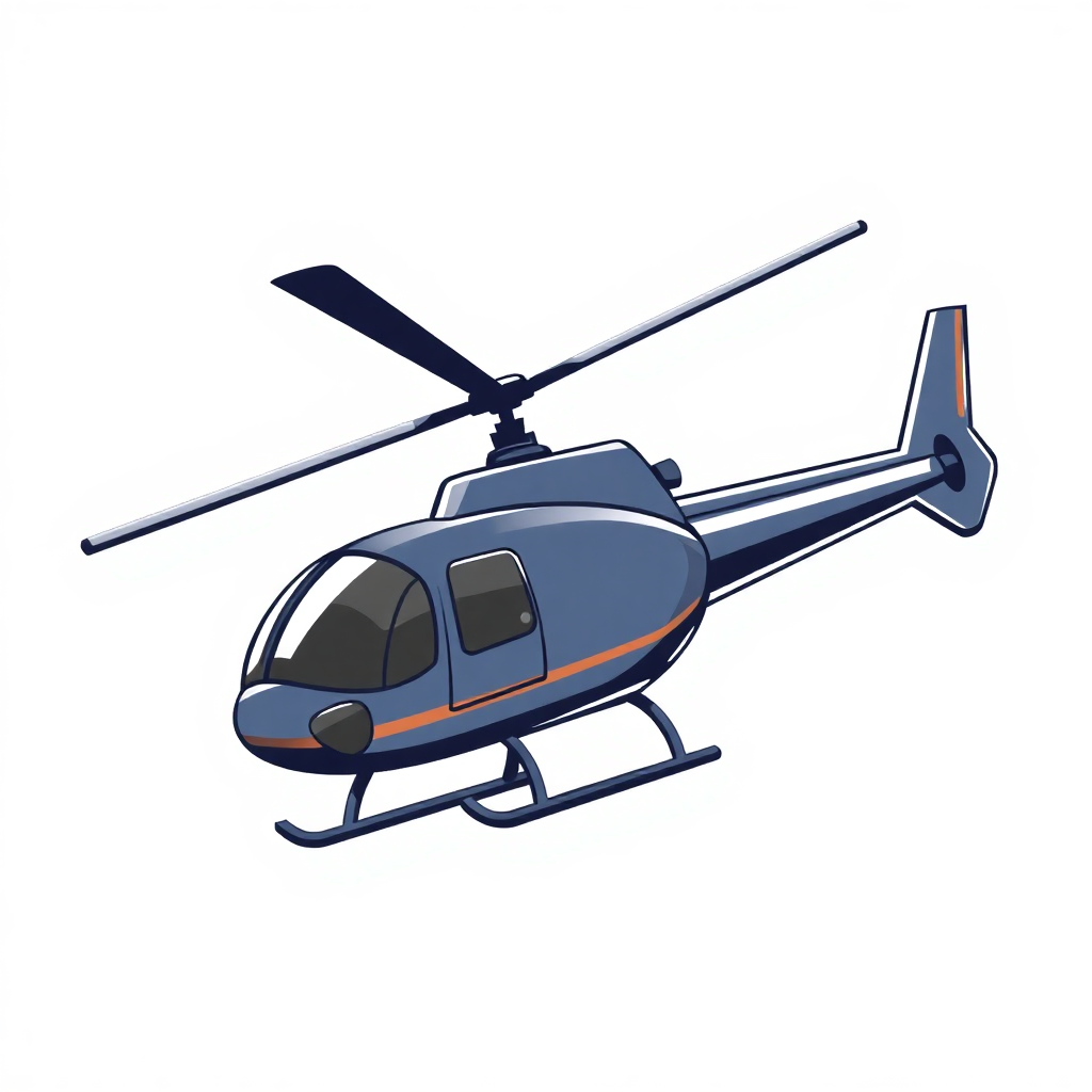 The image is a digital illustration of a helicopter. The helicopter is blue and orange in color with a pointed nose and two propellers on either side. The body of the helicopter is a light blue color with an orange stripe running along the side. It has a small window on the front and a small door on the side, which is likely the cockpit. The propellers are black and extend upwards towards the sky. The background is white, making the helicopter stand out.