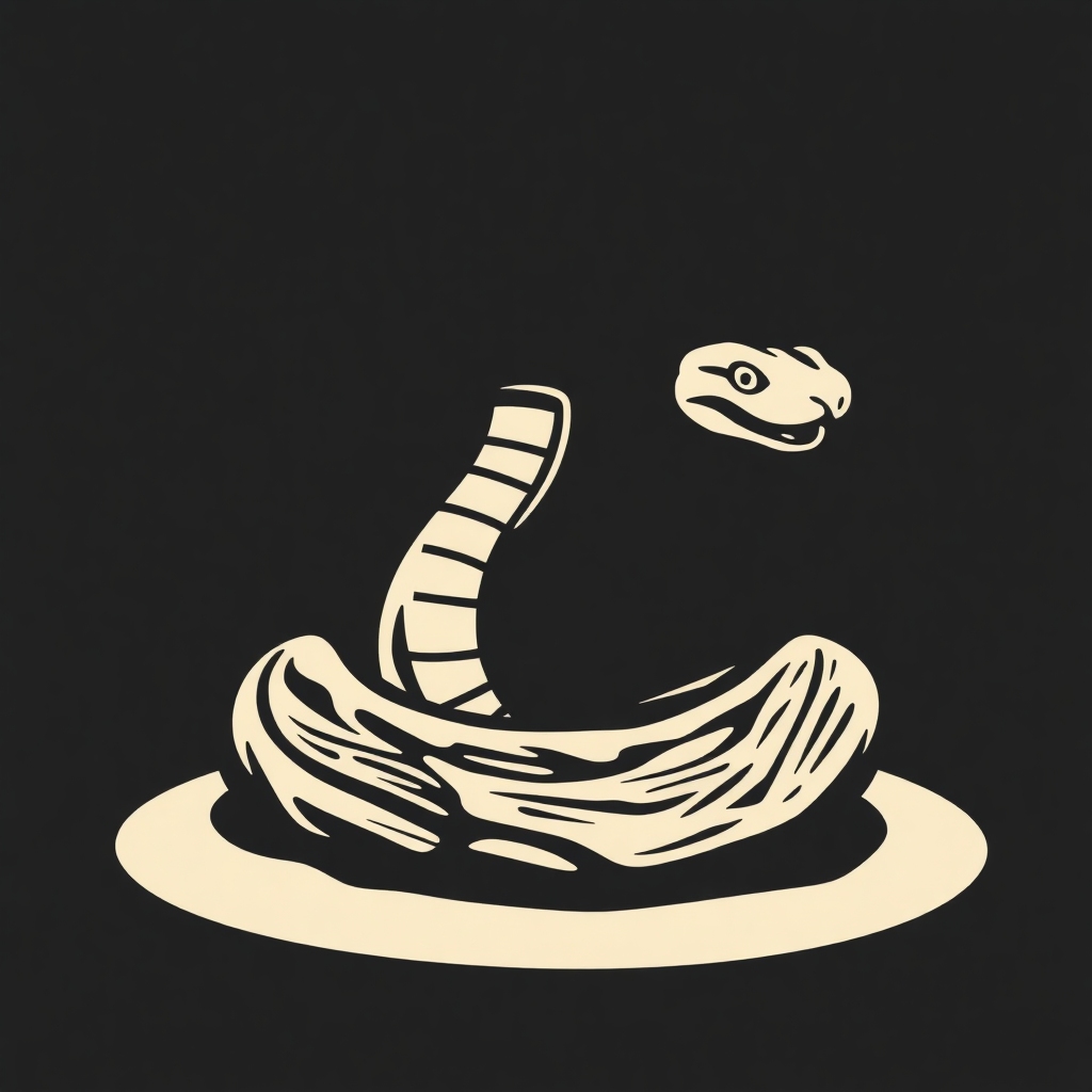 The image is a black square with a white illustration of a snake coiled up on top of a plate. The snake is facing towards the right side of the image and its head is turned towards the left side. The plate is white and the snake's body is outlined in black. The illustration is simple and minimalistic, with no additional details or shading. The background is black, making the snake and plate stand out.