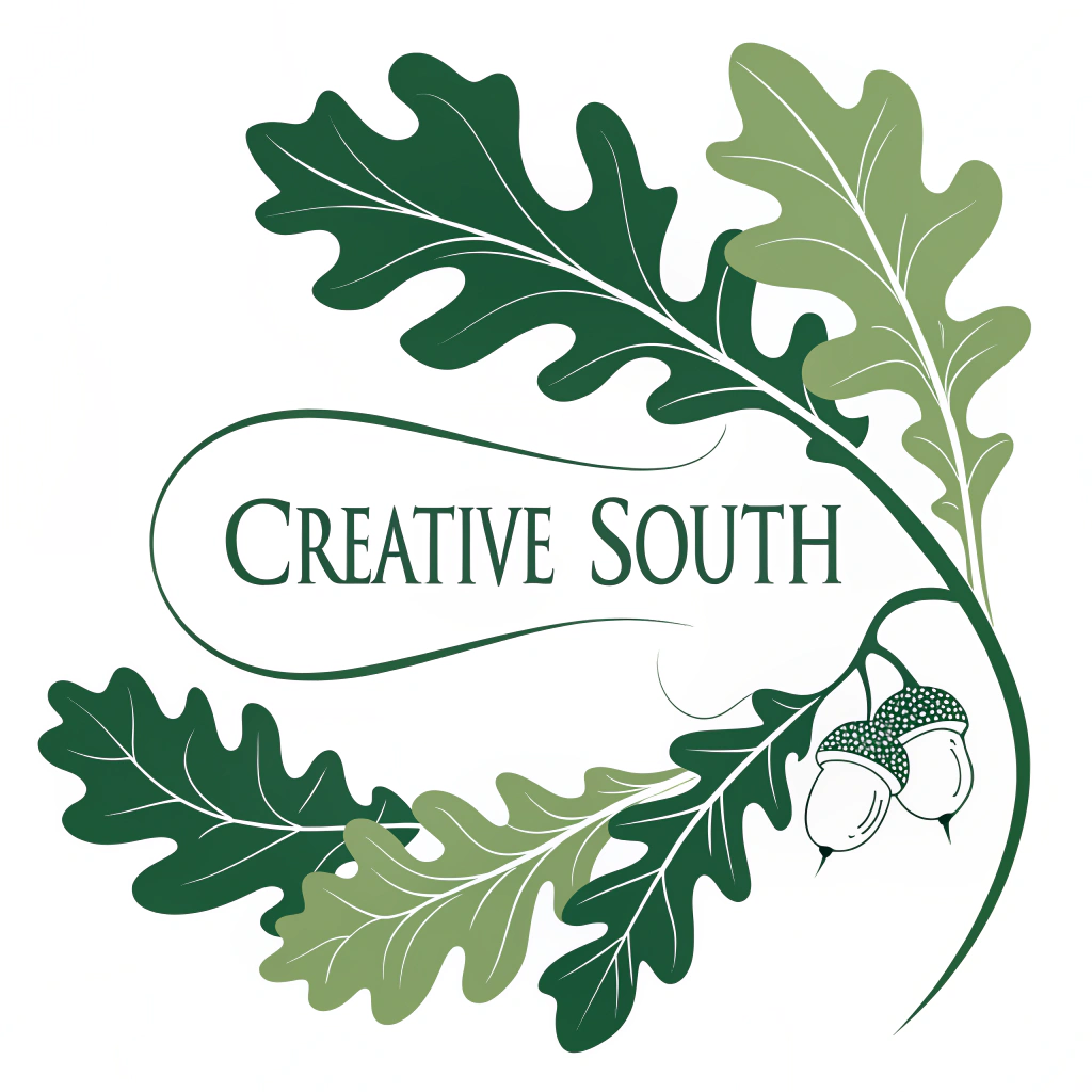 Simple Logo Idea: Incorporate a stylized oak leaf into the Creative South logo, symbolizing growth and Southern heritage.