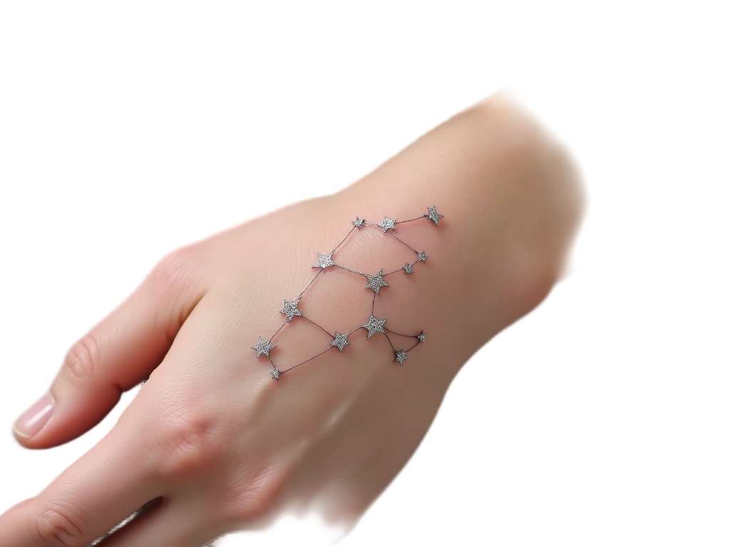 A sophisticated constellation tattoo on the wrist, precisely arranged stars forming a recognizable zodiac, celebrating astrological significance.