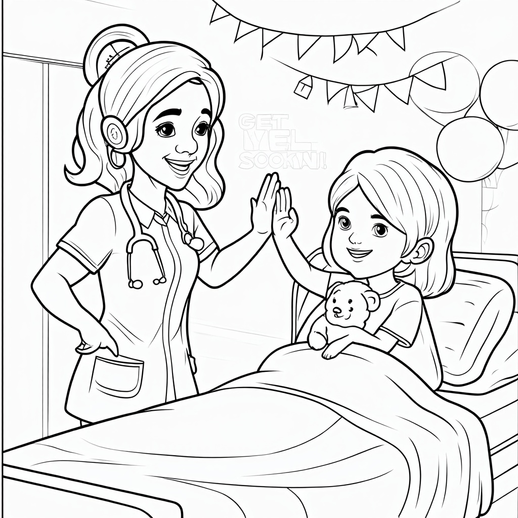 A nurse with a stethoscope and a kind, caring smile is shown giving a high-five to a child patient who is sitting up in bed holding a teddy bear. Balloons or 'Get Well Soon' decorations are in the background, ready to be colored.
