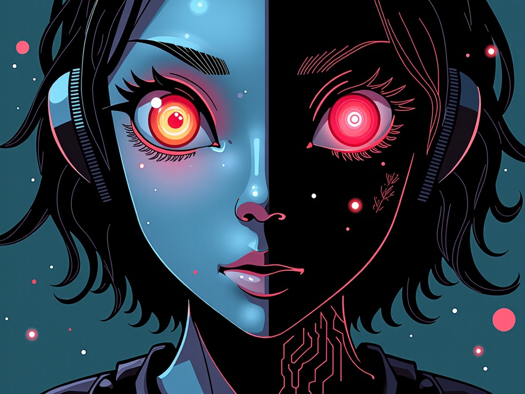 Chiaroscuro Enigma: Employ dramatic, high-contrast lighting (chiaroscuro) on the AI character's hyper-detailed close-up. One side of the face is brightly lit, revealing perfect detail, while the other is plunged into deep shadow, creating mystery about their true nature or allegiance.