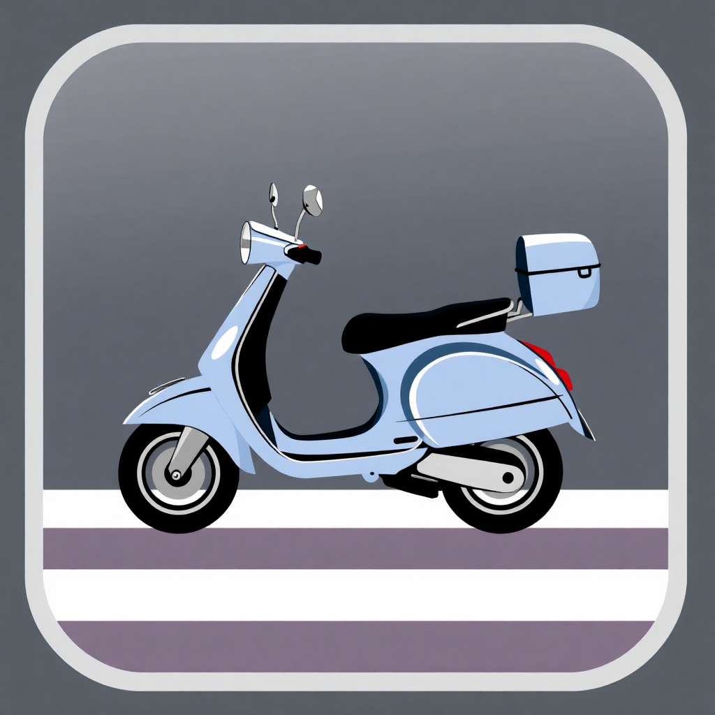 The image is a digital illustration of a blue scooter on a gray background. The scooter has a black seat and a white box attached to the back. It has two mirrors on the front and a handlebar on the back for easy maneuvering. The wheels are black and the scooter appears to be in motion. The background has a striped pattern in shades of purple and white. The image is framed by a white border.