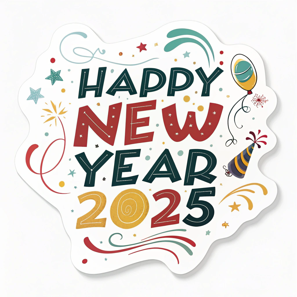 The image shows a poster with the words Happy New Year 2025 written in bold, festive font, surrounded by colorful balloons and confetti, creating a cheerful atmosphere to celebrate the start of a new year.