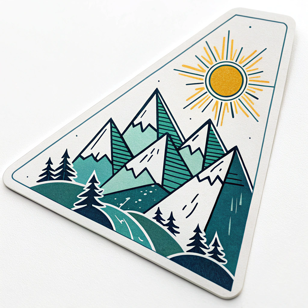 A triangular decal with abstract mountain peaks and a sun.