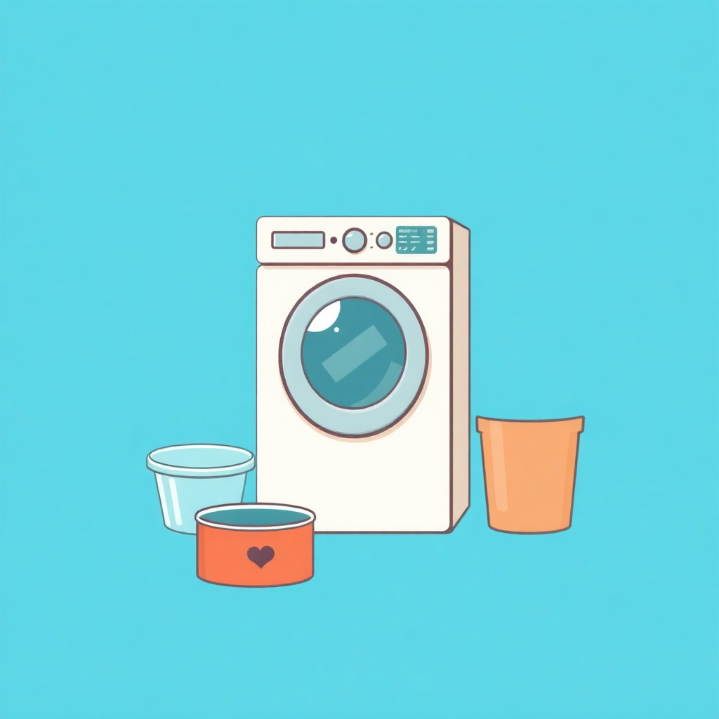 The image shows a washing machine and two buckets on a blue background. The washing machine is in the center of the image, with the two buckets placed on either side of it. The buckets are of different sizes and colors, and the background is a bright blue color.