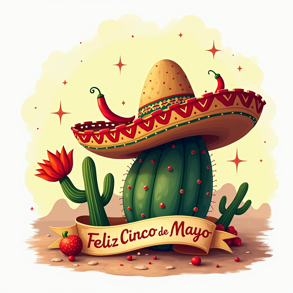 Sub-design 5: 'Spicy Sombrero Still Life' - A playful T-shirt design depicting a sombrero resting on or beside a blooming cactus. Artfully arranged chili peppers could adorn the sombrero's brim or the surrounding scene, with a 'Feliz Cinco de Mayo' banner.