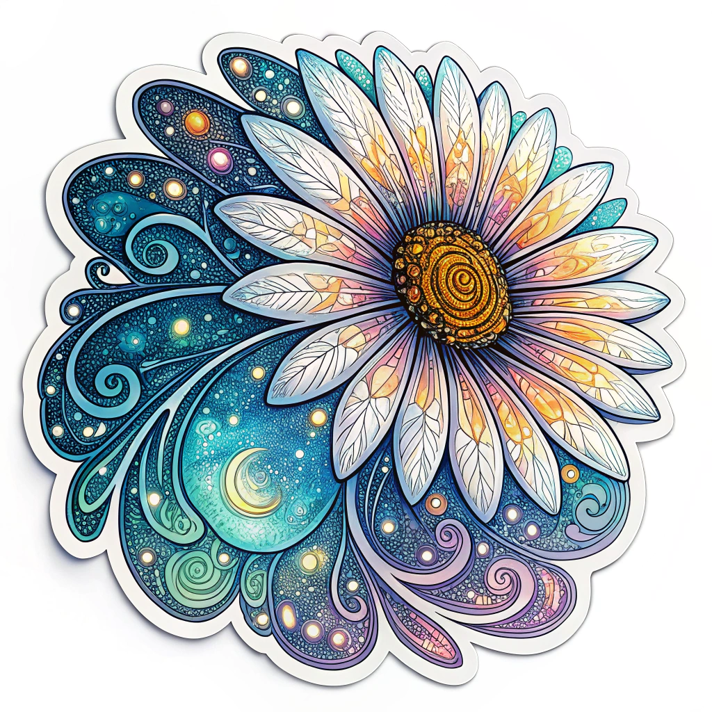 Psychedelic Bloom Mandala: Daisy petals feature flowing, bioluminescent patterns that swirl and color-shift, giving an organic, glowing, and animated feel.